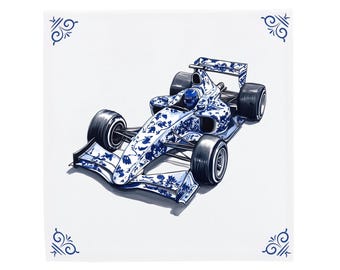 Blue Ceramic Tile, Modern Dutch Design | Handcrafted Art, Formula 1 Race Car Motif | 11x11, 15x15, 20x20