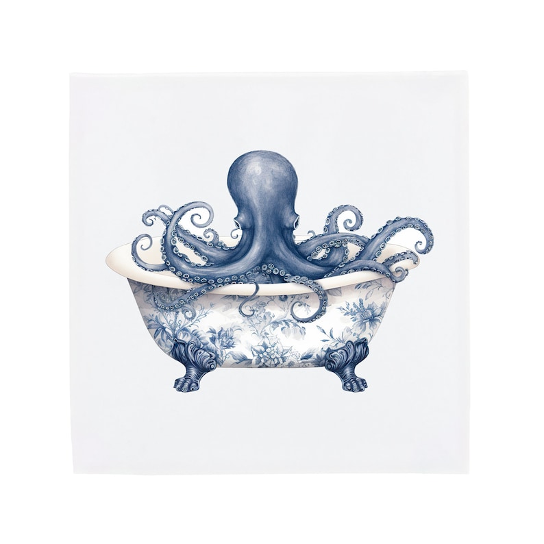 Octopus in Bathtub Delft Blue Ceramic tile, seaside bathroom or shower decor, squid, porcelain art, bathroom tiles for beach house No Corner Ornaments