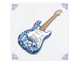 Delft Blue Ceramic Tile: Electric Guitar | Modern Dutch Design, Handcrafted Ceramic Art, Unique Home Decor & Gift, Traditional Charm
