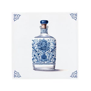 Delft Blue Ceramic Tile: Decorated Glass Bottle | Modern Dutch Design, Handcrafted Ceramic Art, Unique Home Decor & Gift, Traditional Charm