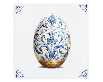 Delft Blue Ceramic Tile: Golden Goose Easter Egg | Modern Dutch Design, Handcrafted Ceramic Art, Unique Home Decor & Gift, Traditional Charm