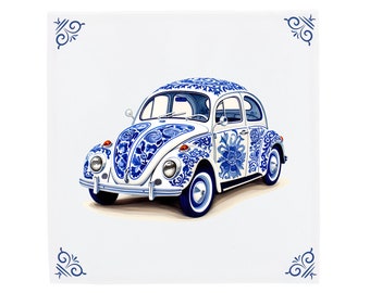 Delfts Blauwe Keramische Tegel: Volkswagen Kever | Modern Nederlands design, handgemaakte keramische kunst, unieke woondecoratie en cadeau, traditionele charme