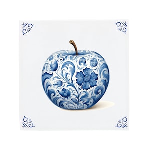 Delft Blue Ceramic Tile: Decorated Apple | Modern Dutch Design, Handcrafted Ceramic Art, Unique Home Decor & Gift, Traditional Charm