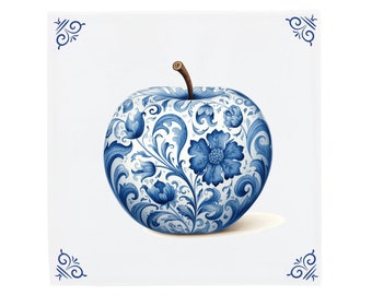 Delft Blue Ceramic Tile: Decorated Apple | Modern Dutch Design, Handcrafted Ceramic Art, Unique Home Decor & Gift, Traditional Charm