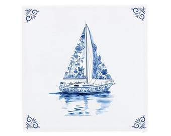 Delft Blue Ceramic Tile, Sailboat Motif (Multiple Sizes Available)