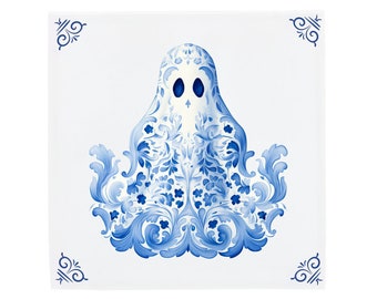 Delft Blue Ceramic Tile: Decorated Spooky Ghost | Modern Dutch Design, Handcrafted Ceramic Art, Unique Home Decor & Gift, Traditional Charm