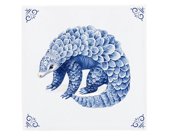 Blue Ceramic Tile, Delft Pangolin Artwork | Handcrafted Clay Panel, Modern Dutch Design, 11x11 15x15 20x20