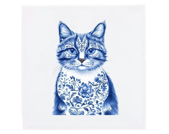 Delft Blue Tile: Handcrafted Cat Design (11-20 cm or Magnet)