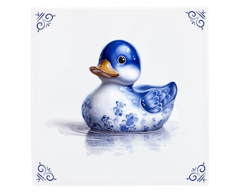Rubber Ducky Delft Blue Tile, Rubber Duckie Art, Rubber Duck, Bathtub Art, bathroom tiles for beach house or shower decor