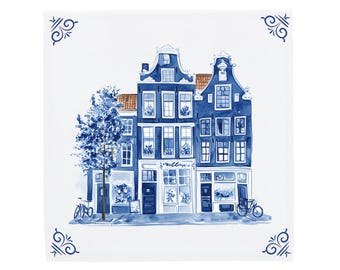 Dutch Delft Blue Ceramic Tile, Amsterdam Canal Houses (Handmade)