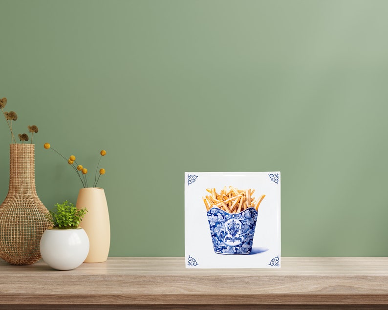 Carrelage hollandais vintage McDonald's Fries Delft, art gastronomique, carreaux de dosseret de cuisine en céramique bleue faits à la main, décoration de cuisine de restauration rapide image 3