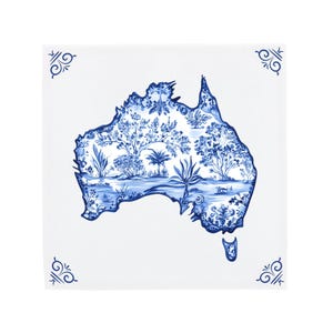 Carrelage en céramique bleu de Delft : Australie | Design hollandais moderne, oeuvre d'art en céramique faite main, cadeau et décoration d'intérieur uniques, charme traditionnel