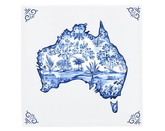 Ceramic Tile: Delft Blue Australia Map - Handcrafted Dutch Design
