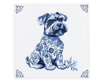 Delft Blue Ceramic Tile: Miniature Schnauzer, Handpainted Dutch Art
