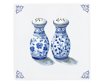 Salt And Pepper, Delft Blue Tile Shakers | Hand Finished Ceramic | 11x11 (4x4), 15x15 (6x6), 20x20 (8x8)