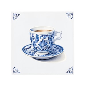 Delft Blue Ceramic Tile: Hand-Painted Espresso Cup Design
