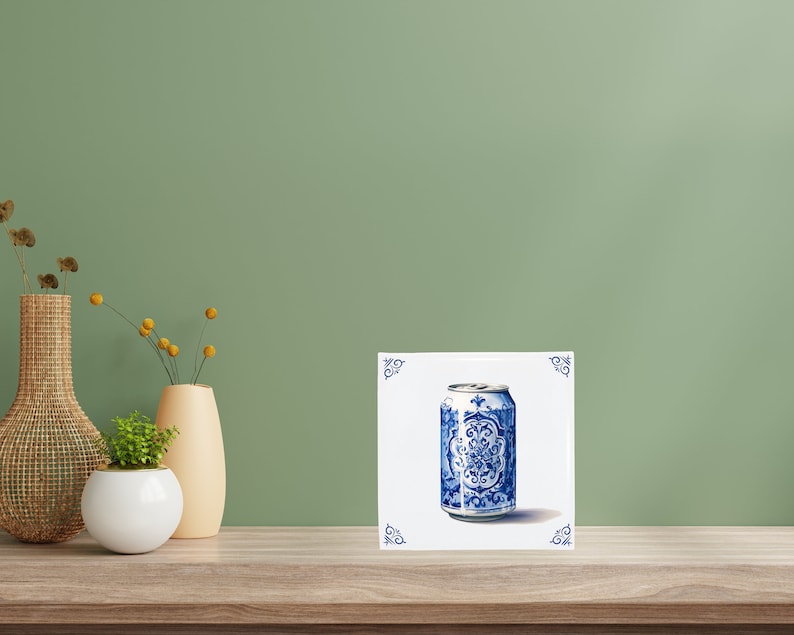 Carreau de céramique bleu de Delft : canette de soda décorée Design hollandais moderne, oeuvre d'art en céramique faite main, cadeau et décoration d'intérieur uniques, charme traditionnel image 3