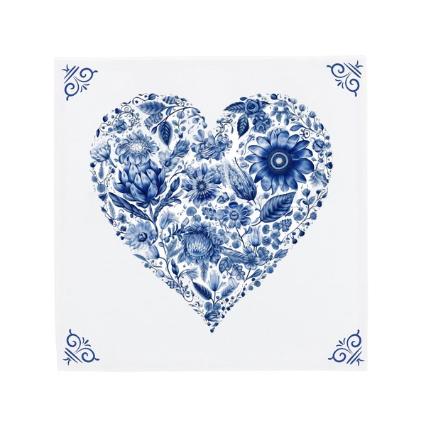 Delft Blue Ceramic Tile: Decorated Heart | Modern Dutch Design, Handcrafted Ceramic Art, Unique Home Decor & Gift, Traditional Charm