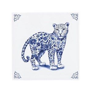 Delft Blue Ceramic Tile: Leopard | Modern Dutch Design, Handcrafted Ceramic Art, Unique Home Decor & Gift, Traditional Charm