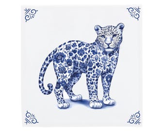 Ceramic Tile Art: Delft Blue Leopard - Handcrafted Dutch Style