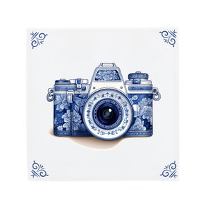 Delft Blue Ceramic Tile: Classic Photo Camera | Modern Dutch Design, Handcrafted Ceramic Art, Unique Home Decor & Gift, Traditional Charm