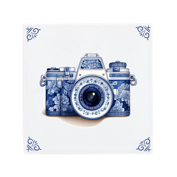 Delft Blau Keramikfliese: Klassische Fotokamera | Modernes Niederländisches Design, Handgefertigte Keramik Kunst, Einzigartiges Wohndekor & Geschenk, Traditioneller Charme