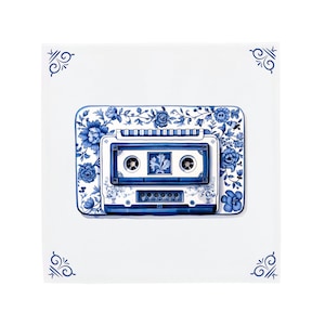 Delft Blue Ceramic Tile: Vintage Casette Tape | Modern Dutch Design, Handcrafted Ceramic Art, Unique Home Decor & Gift, Traditional Charm