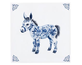 Delft Blue Tile, Whimsical Donkey Wall Art | Hand Finished Ceramic, Made To Order | 11x11, 15x15, 20x20