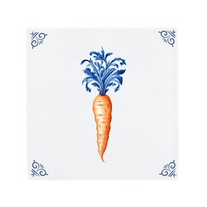 Delft Blue Ceramic Tile: Decorated Orange Carrot | Modern Dutch Design, Handcrafted Ceramic Art, Unique Home Decor & Gift, Tradition