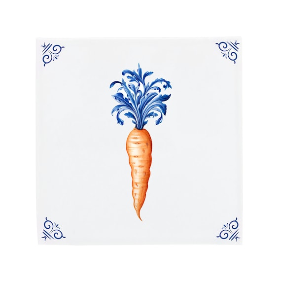 Delft Blue Ceramic Tile, Orange Carrot Handpainted (4 Sizes Available)