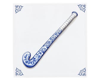 Blue Delft Tile, Vintage Hockey Stick Plaque | Ceramic, Hand Crafted | 11X11, 15X15, 20X20