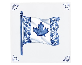 Delft Blue Ceramic Tile: Canadian Flag | Modern Dutch Design, Handcrafted Ceramic Art, Unique Home Decor & Gift, Traditional Charm