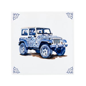 Delft Blue Ceramic Tile: Classic Jeep Wrangler | Modern Dutch Design, Handcrafted Ceramic Art, Unique Home Decor & Gift, Traditional Charm