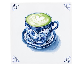 Matcha Latte Tile: Handcrafted Ceramic Art (Delft Blue Finish)