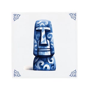 Delft Blue Ceramic Tile: Moai Statue | Modern Dutch Design, Handcrafted Ceramic Art, Unique Home Decor & Gift, Traditional Charm