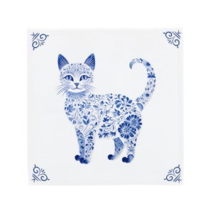 Delft Blue Ceramic Tile: Decorated Cute Cat | Modern Dutch Design, Handcrafted Ceramic Art, Unique Home Decor & Gift, Traditional Charm