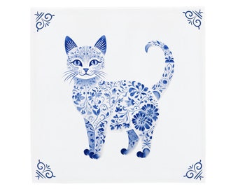 Carrelage en céramique bleu de Delft : joli chat décoré | Design hollandais moderne, oeuvre d'art en céramique faite main, cadeau et décoration d'intérieur uniques, charme traditionnel