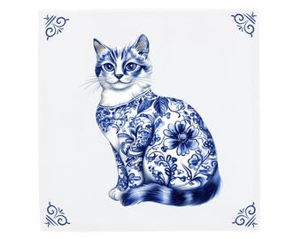 Ceramic Delft Tile: Blue Sitting Cat - Handcrafted Dutch Art