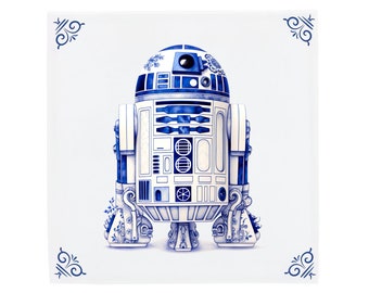 Carrelage en céramique bleu de Delft : R2-D2 de Star Wars | Design hollandais moderne, oeuvre d'art en céramique faite main, cadeau et décoration d'intérieur uniques, charme traditionnel
