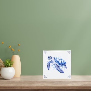 Handmade Delft Blue Ceramic Turtle Tile, Sea Turtle Wall Décor, Beach House Décor, Sea Turtle Wall Art, Unique Vintage Bathroom Tiles image 3