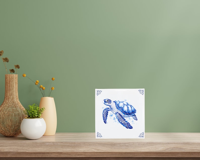 Handmade Delft Blue Ceramic Turtle Tile, Sea Turtle Wall Décor, Beach House Décor, Sea Turtle Wall Art, Unique Vintage Bathroom Tiles image 3