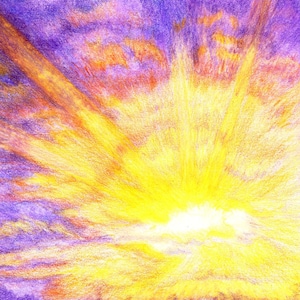 Sunburst Sky with Clouds - carte de correspondance d'après un dessin original au crayon de couleur - par l'artiste Robin Lybeck