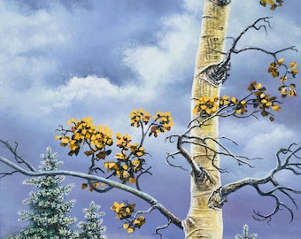Aspen Tree Against Stormy Sky with Blue Spruce - An Original Oil Painting - Nature Painting Home Decor - Signed by Artist Tom Lybeck