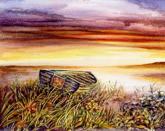 Sunset sky provides the backdrop for an old wooden boat forgotten in the weeds - An Original Watercolor - Signed by Artist Tom Lybeck