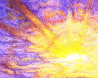 Sunburst Sky with Clouds - Original Color Pencil Drawing - Home Decor - by Artist Robin Lybeck