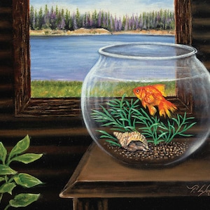 Fisch in Schüssel Blick auf den Fluss Nachricht Karte mit Umschlag inklusive - Original Ölgemälde von Tom Lybeck
