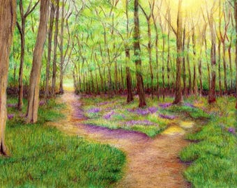 Deep in the woods is a fork in the road-sunlight streaming through trees and a decision that must be made - original by Artist Robin Lybeck