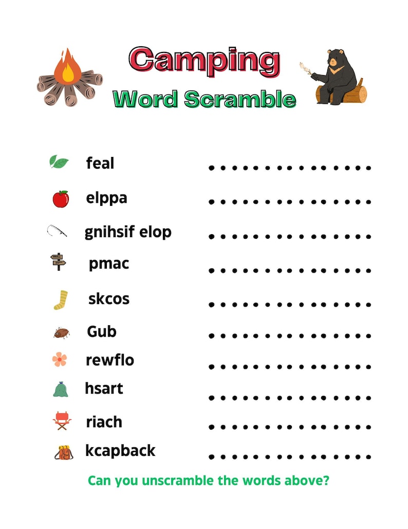 Camping Word Scramble for Kids Includes 4 Different Word Scrambles Etsy