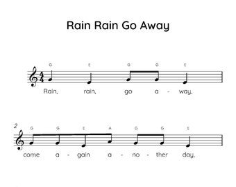 Rain Rain Go Away Easy Piano Sheet Music, Digital Downloadable Musical Sheets, Kids Beginner Songs, PDF