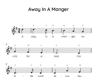 Partitions Away In a Manger pour piano facile, Partitions musicales numériques à téléchargement, Chansons pour enfants débutants, PDF